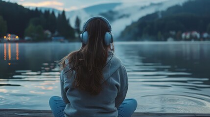 woman sitting on a pier by the lake, headphones on generative ai