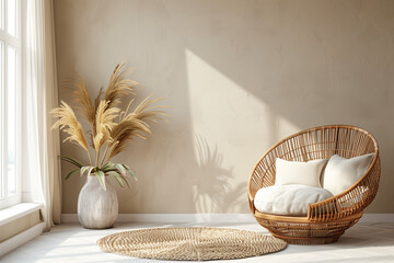 Boho room with beige wall and plants 