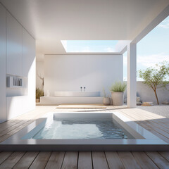Fototapeta na wymiar 3D rendering of a minimalist cold plunge pool integrated into a sleek modern home bathroom with interactive elements highlighting the health benefits of regular use