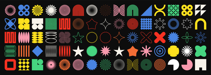 Brutalist geometric shapes, symbols. Simple primitive elements and forms. Retro design, trendy contemporary minimalist style. Vector illustration
