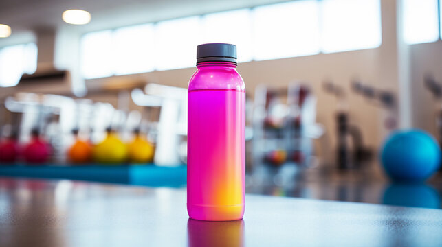 A closeup of a Vitaminwater bottle on a workout towel gym equipment blurred in the background emphasizing the vibrant color of the drink