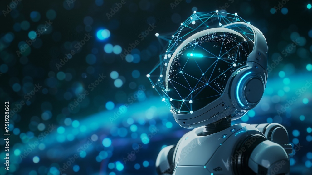 Poster futuristic white robot interacting with floating digital network connections in 3d rendering