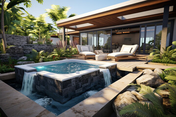 Interactive 3D model of a customdesigned backyard with a cold plunge pool feature complete with landscaping options and customization features for users to design their ideal cold therapy retreat