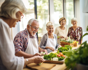 Seniors enjoying a healthy cooking class together laughing and sharing stories in a modern kitchen setting highlighting the nutrition and social interaction components of wellness programs