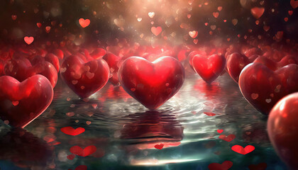 Romantic Hearts Floating on Water Background