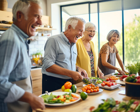 Seniors enjoying a healthy cooking class together laughing and sharing stories in a modern kitchen setting highlighting the nutrition and social interaction components of wellness programs