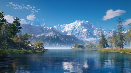 Fototapeta na wymiar Snow-capped peaks overlooking a serene lake, creating a stunning contrast against the deep blue sky.