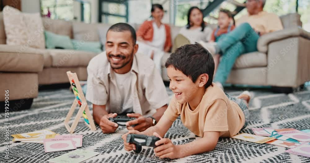 Poster Dad, son and video game on living room floor with smile, play and click button for competition in family home. Gaming, father and boy kid with bonding, contest or esports on carpet in lounge at house