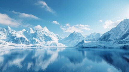 Fototapeta na wymiar Snow-capped peaks overlooking a serene lake, creating a stunning contrast against the deep blue sky.