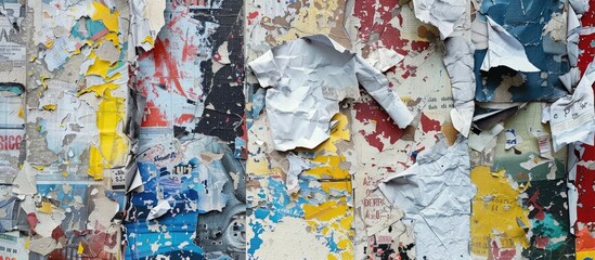 A cluster of torn papers are haphazardly arranged on a grungy blue wall, creating a chaotic and disorganized appearance. The papers are ripped and overlapping each other, with edges jagged and torn.