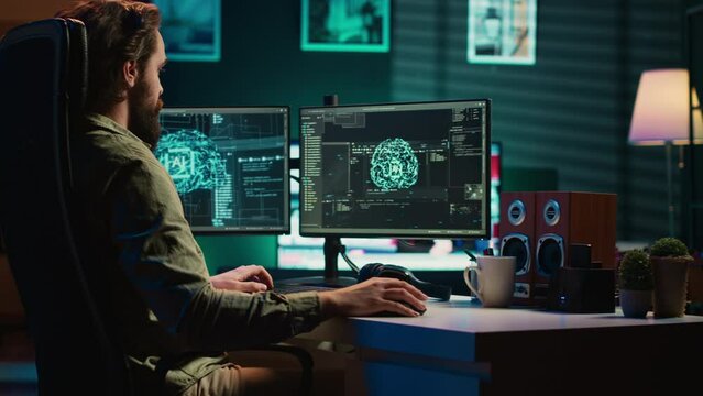 Developer inserting disk into PC containing conscient AI waving hand, saluting creator. IT admin placing cartridge in computer, awakening self aware artificial intelligence, camera A