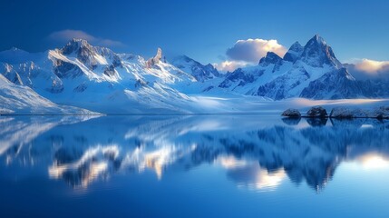 Fototapeta na wymiar Snow-covered peaks reflecting in a serene lake, creating a breathtaking panorama under a clear, deep blue sky.