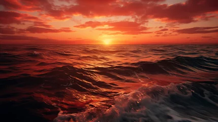 Fototapeten Fiery sunset over a vast ocean. The sky is ablaze with fiery oranges, reds, and purples, reflecting on the water’s surface. The horizon separates the vibrant colors from the deep blue ocean. © ArtStockVault