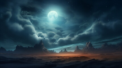 Full moon illuminating a rocky desert landscape.