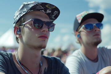 Young Men in Sunglasses Enjoying Outdoor Music Festival