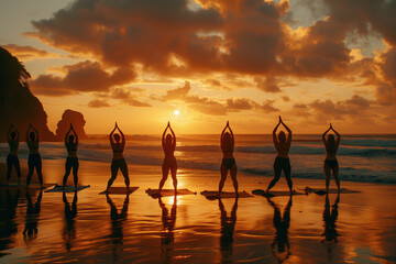 Silhouettes of Yoga Group at Beach Sunset