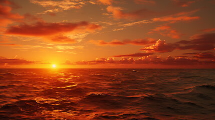 Fototapeta premium Fiery sunset over a vast ocean. The sky is ablaze with fiery oranges, reds, and purples, reflecting on the water’s surface. The horizon separates the vibrant colors from the deep blue ocean.