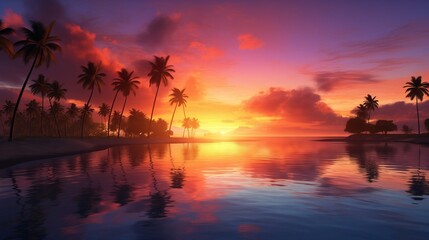 Tropical Paradise Sunset. Tropical beach at sunset with palm trees silhouetted against the colorful sky.