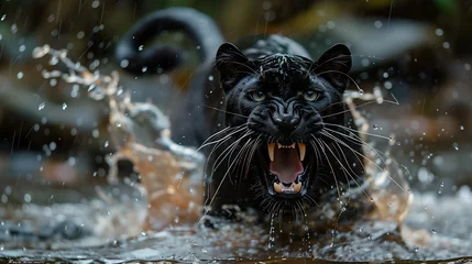 Türaufkleber Angry black panther in the water © Sweet Sween