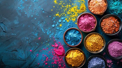 Obraz na płótnie Canvas A minimalist background highlighting the vividness of Holi powder in bowls focusing on the pure celebration of color and tradition