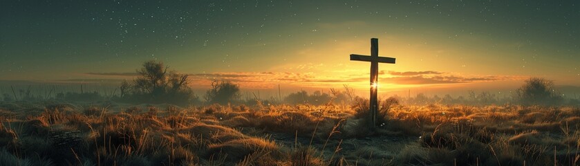 A reflective Holy Saturday scene a cross in solitude under the soft evening light, embodying the...