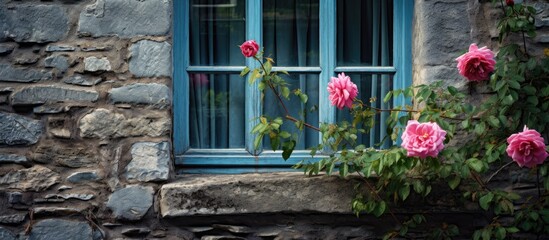 A window with blue shutters on an old stone building is adorned with vibrant pink flowers. The pink roses add a pop of color against the blue shutters, creating a charming and rustic scene.