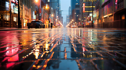 Obraz premium Rainy city street at night, bokeh lights background