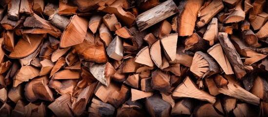 A closeup view of a pile of chopped wood neatly arranged on a bed of dried leaves. The wood pieces are of varying sizes and shapes, stacked next to each other.