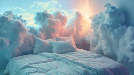 Soft gradient clouds forming an ethereal mural in a dreamy bedroom - obrazy, fototapety, plakaty