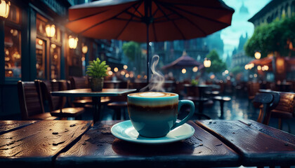 A steaming cappuccino at a table in an outdoor cafe.
