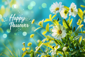 Passover banner template with spring flowers. Happy Passover inscription. Jewish holiday colorful background. Pesach celebration concept.
