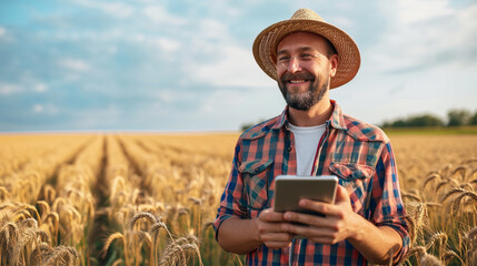 A happy farmer with a straw hat using a tablet in a golden wheat field, signifying modern agriculture. - obrazy, fototapety, plakaty