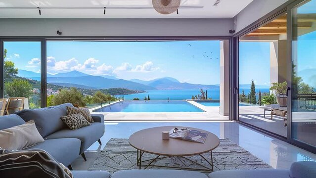 panoramic window villa with blue sea views. amazing nature view with modern villa and swimming pool 
 with mountain view. seamless looping overlay 4k virtual video animation background