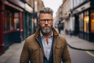 Handsome bearded hipster man in casual clothes and eyeglasses is standing on the street.