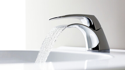 A close-up of a modern faucet with water flowing smoothly into a sink, symbolizing cleanliness and design. - obrazy, fototapety, plakaty