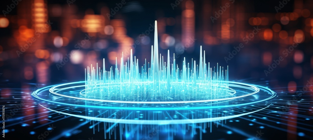 Poster high tech router hologram for secure home networks and online communication on blurred background
