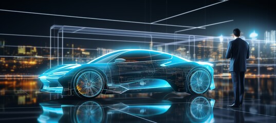 Automotive engineer using ai for smart ev car design on hologram, with space for text.