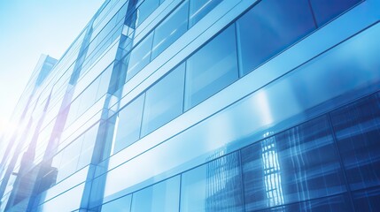 Low angle transparent blue glass wall office building
