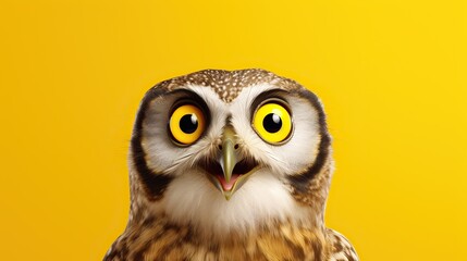 Portrait of emotional animal surprised and shocked owl on yellow background