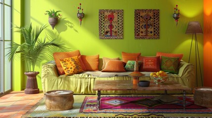 Green Living Space with Boho Chic Elements Colorful living room, vibrant green walls, ethnic decor, patterned cushions, wooden coffee table, fruit bowl, hanging lamps, bohemian style