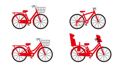 赤い自転車のイラスト。ママチャリ、電動自転車とクロスバイクのベクターセット。