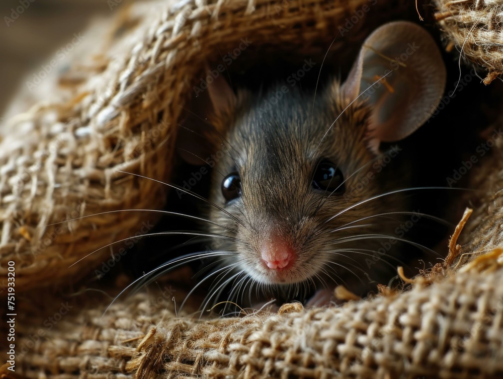 Poster a mouse is peeking out from a burlap sack. generative ai.