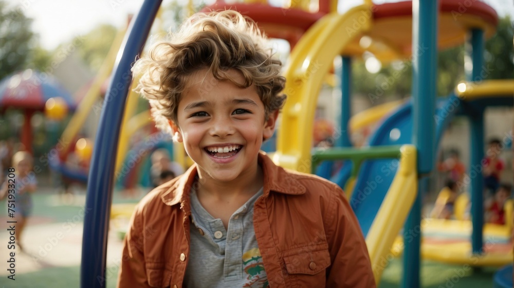 Aufkleber a boy smiles while standing in front of a playground. generative ai.