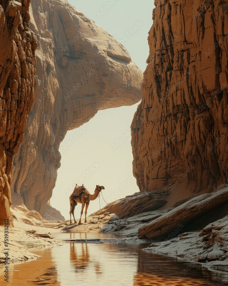 Poster a camel is walking through a canyon in the desert. generative ai.