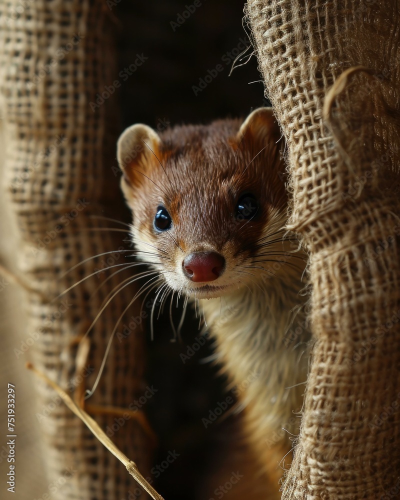 Poster A weasel peeking out from behind a burlap cloth. Generative AI.
