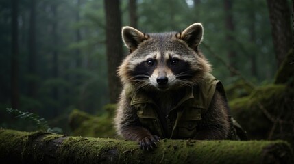 A raccoon wearing a jacket in the woods. Generative AI.