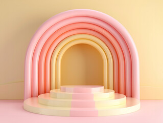 Pastel yellow and pink 3D stage podium with abstract background. Modern realistic podium for product presentation.