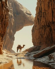 A camel is walking through a canyon in the desert. Generative AI.