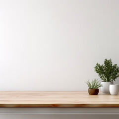 Empty wooden white table over white wall background