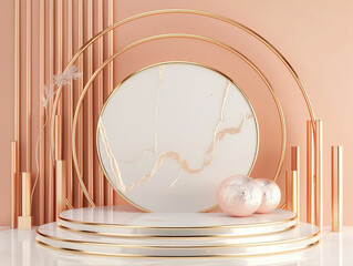 Rosegold 3D  stage podium with abstract background. Modern realistic podium for product presentation.